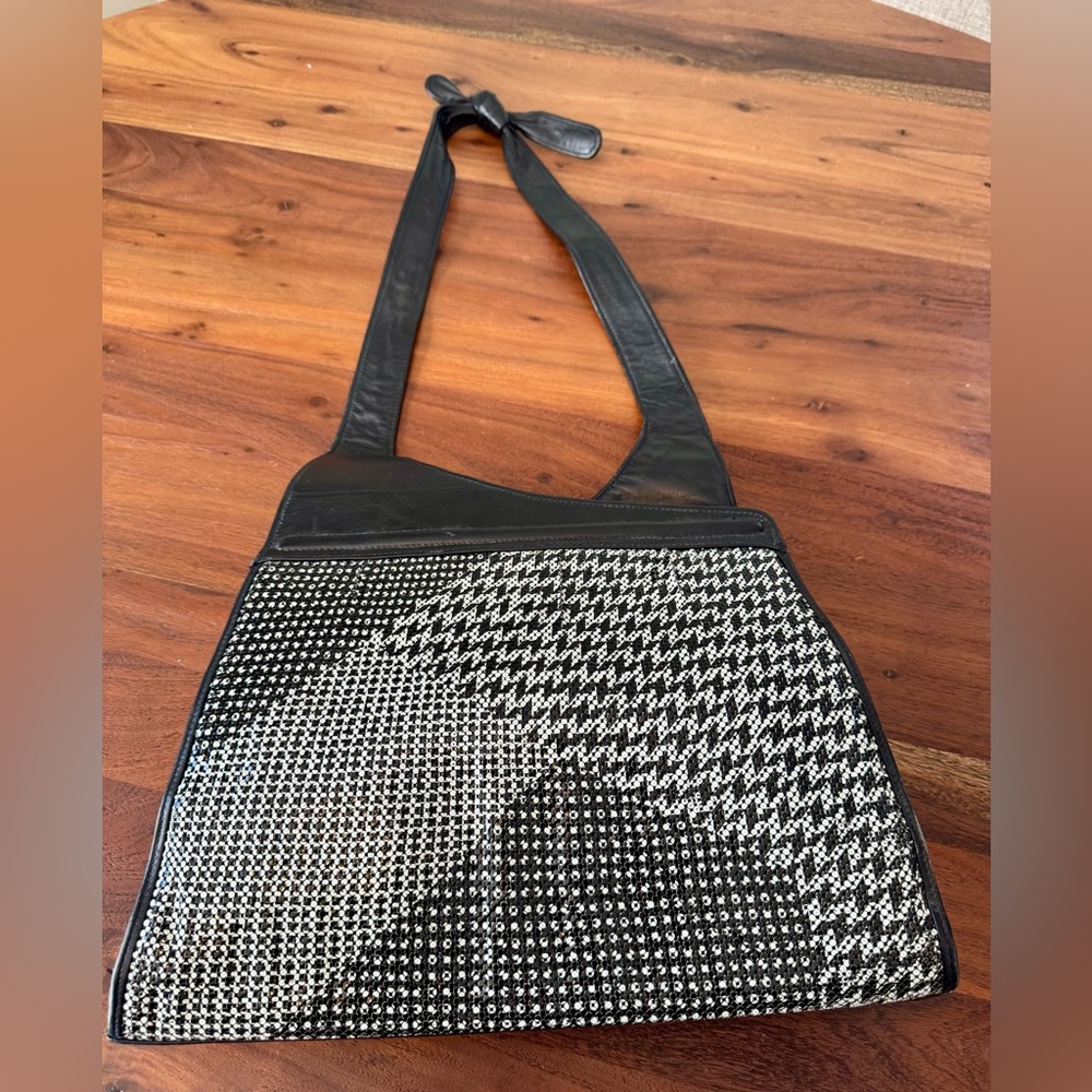 Vintage Whiting & Davis Leather & Metal Mesh Houndstooth Shoulder Bag Purse USA